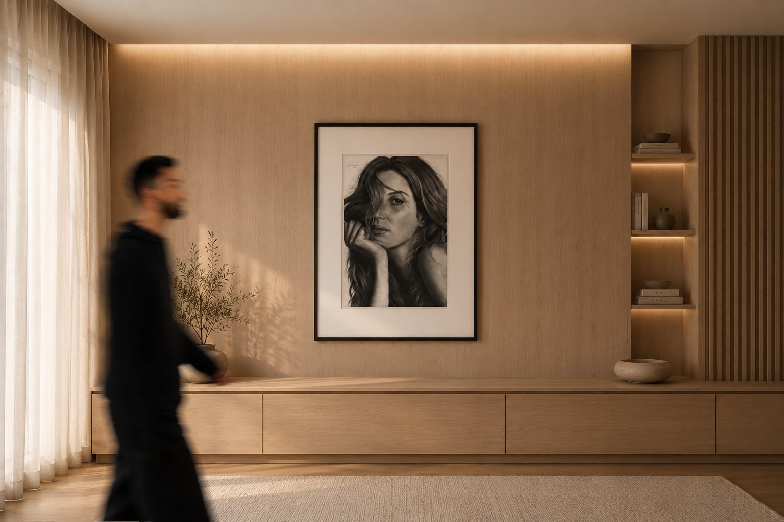 Pedro Arts — hyperrealistic graphite portrait in a living room