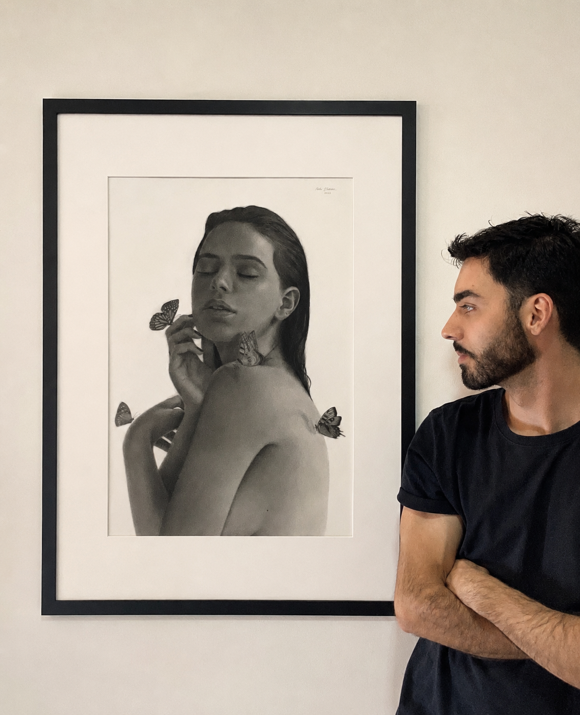 Hyperrealistic graphite portrait with butterflies